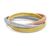 Three Tone Triple Strand Omega Snake Cobra Wide Bangle Twisted Bracelet Bands Set Interlocking Flexible Stretch Bracelets for Women Yellow Gold Plated Stainless Steel Fits 8 to 8.5 inches Wrist