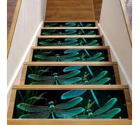 Three Turquoise Dragonflies on Night Background Stair Treads for Wooden Steps, 15PCS 8x30 inch Carpet Stair Runners with TPE Adhesive Backing for Kids Elders and Pets