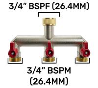 Triple Outlet Brass Tap Splitter, Separate Water Control On/Off Valves, 3/4" BSP