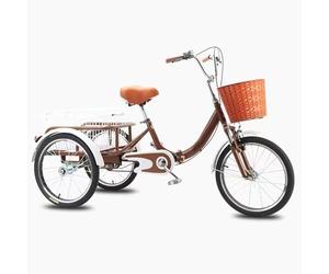 Three-Wheeled Bicycle Folding Adult Tricycle Front Suspension Basket Adjustable Seat Handlebar 18in Multicolor(Brown)