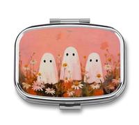Three White Ghosts in The Field with Daisies Pill Box 2 Compartment Portable Medicine Pill Case Travel Pill Organizer for Pocket Purse