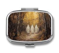 Three White Ghosts Walking Autumn Forest Pill Box 2 Compartment Portable Medicine Pill Case Travel Pill Organizer for Pocket Purse