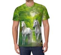 Three White Horses Green Forests Men's T-Shirts Classic Short Sleeve Crew Neck Tee Summer Casual Tops Graphic M