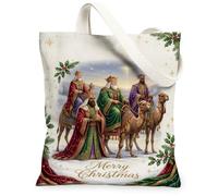 Three Wise Men Religious Christmas Canvas Tote Bag 13x15 Inch | Three Kings, Camels, Religious Theme, Holly Leaves, Religious Holiday Art, Winter Season, Seasonal Home Accessory