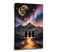 Three Witches Silhouette with Brooms Under Full Moon Canvas Wall Art Moody Gothic Oil Painting for Dark Academia Decor Indoor Decor for Home Offices Living Room Bedroom Farmhouse Framed Ready to Hang