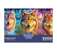 Three Wolves, Cosmic Sky, Vivid Forest And Cabins 1000 Piece Jigsaw Puzzle Enchanted Spirit Wolf - Recycled Cardboard, Challenging Puzzle for Adults 38x26cm/1000pcs