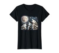 Three Wolves Howling at Full Moon Wildlife Art Value Graphic T-Shirt, Women, Black, L