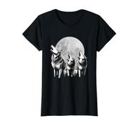 Three Wolves Howling at Full Moon Wildlife Art Value Graphic T-Shirt, Women, Black, M
