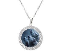 Three Wolves Howling at The Moon Shiny Pendant Necklaces for Women Circle Diamond Necklace Charms Wedding Anniversary Birthday