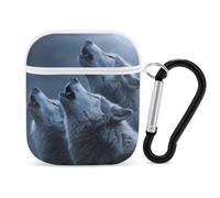 Three Wolves Howling at The Moon Wireless Bluetooth Earbud Case Compatible with Airpods 1/2 Earphone Cover Pouch with Stainless Steel Carabiner