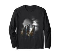 Three Wolves Howling Full Moon Pack Wildlife Art Long Sleeve T-Shirt