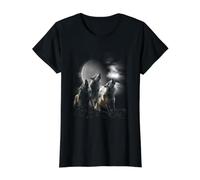 Three Wolves Howling Full Moon Pack Wildlife Art Value Graphic T-Shirt, Women, Black, XL