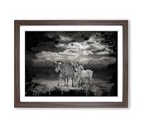 Three Zebras in the Wild Modern CB Framed Print | A2 Walnut Framed Wall Art | Ready to Hang | Modern Animal Picture | Living Room Bedroom Lounge Office