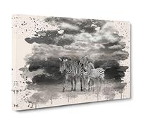 Three Zebras in the Wild Modern FC Canvas Print | Gallery Wrapped 30mm Frame Wall Art | 20x14 inches | Ready to Hang | Modern Animal Picture | Living Room Bedroom Lounge Office