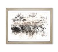 Three Zebras In The Wild Watercolour Modern Framed Print | A2 Oak Framed Wall Art | Ready to Hang | Modern Animal Picture | Living Room Bedroom Lounge Office