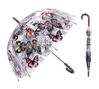 ThreeH Clear Dome Umbrella Windproof Rainproof Lightweight Flowers and Butterfly Design Automatic Open Stick Rain Umbrella,Brown