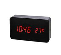 ThreeH Desk Wooden Alarm Clock Digital Voice Control and 3 Set of Alarm,Large Display Time Temperature,Date,USB Powered for Home,Kids,Bedroom,Office AC11 Black_Red