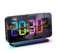 ThreeH Digital Rainbow Alarm Clock Projection Clock with Night Light Black | Large LED Mirror Display, Dual USB Charging Ports, Snooze Function, Dimming Adjustable Volume