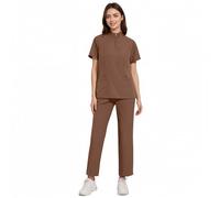ThreeH Nursing Uniform Sets Healthcare Workwear Stand-up Collar Short Sleeve Top and Pants with Pockets for Beauty Salon SPA Pet Groomer Brown
