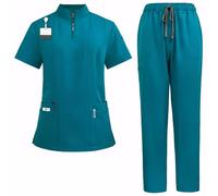 ThreeH Professional Stand Collar Nursing Scrubs Set Unisex Mandarin Neck Top Quick-Dry Stretch Fabric for Doctors Nurses Vets Hospital to Pet Grooming Workwear Lake Blue