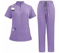 ThreeH Professional Stand Collar Scrub Set Short Sleeve Top and Elastic Waist Straight Pants Multi Pockets Stretch Medical Uniform for Doctors Nurses Vets Purple