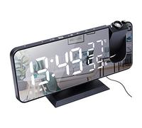 ThreeH Projection Alarm Clock for Bedroom Large 7.4'' LED Mirror Display & 4 Dimmer Radio Alarm Clock with USB Charging 180° Rotable 2 Sounds Black-White