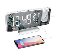 ThreeH Projection Alarm Clock with USB Charger 180° Rotable Projector Alarm Clock with FM Radio 7.4'' Mirror Display 2 Sounds 4 Dimmer White