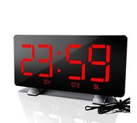 ThreeH Radio Digital Clock with USB Phone Charger 7.3'' LED Curved-Screen Display with Dimmer 2 Alarm Setting Radio Clock for Bedrooms Red