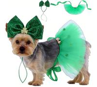 ThreeH St. Patrick's Day Pets Outfits Green Gog Tutu Skirt and a Festive Bow Headband with Shiny Shamrock Accessories for Dogs Cats Parades Parties or Photo Shoots