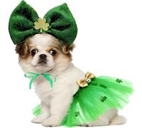 ThreeH St. Patrick's Day Pets Outfits Green Gog Tutu Skirt and a Festive Bow Headband with Shiny Shamrock Accessories for Dogs Cats Parades Parties or Photo Shoots