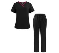 ThreeH Unisex V-Neck Scrub Set Quick-Dry Short Sleeve Top and Elastic Waist Pants Multi Pocket Stretch Uniform for Doctors Nurses Dentists