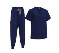 ThreeH Women Men Classic V-Neck Scrub Top with 3 Pockets & Stretchy Pants Medical Nursing Uniform Navy Blue