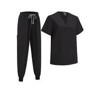 ThreeH Womens Medical Scrub Set Classic V-Neck Top & Yoga Jogger Pants Nursing Uniform for Healthcare Beauty Salon Pet Shop Black