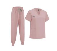ThreeH Women's Scrub Set Nurse Uniform Jogger Suit Classic V-Neck Top with 3 Pockets & Jogger Pants Pink