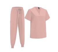 ThreeH Women's Scrubs Set Stretchy V-Neck Top & Jogger Pants with 6 Pockets for Beauty Salon and Pet Shop Pink