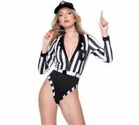 ThreeH Women's Sexy Bodysuit Long Sleeve Referee Costume with Hood Belt and Whistle Cheerleader Outfit Perfect for COS Theme Halloween Party