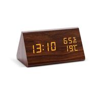 ThreeH Wooden Digital Alarm Clock 3 Alarm Settings Humidity Temperature LED Time Display 3 Levels Dimmer Sound Control Brown_White