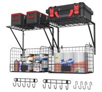 ThreeHio 2 Pack Garage Shelves Wall Mounted with Wire Baskets, Heavy Duty Garage Wall Shelving with Hooks, Wire Shelf Baskets Tool Organizer for Home Garden Garage Organization and Storage
