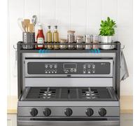 ThreeHio Expandable Spice Rack Shelf for Kitchen Stove, Over the Stove Shelf with 2 Hooks, Adjustable Height Metal Stove Top Shelf Organizer-Black, Kitchen Countertop Seasoning Storage Organization