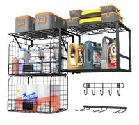 ThreeHio Garage Shelf Wall Mounted with Wire baskets, Heavy Duty Garage Wall Shelving with Garden Tool Rack and Hooks, Wire Shelf Baskets Tool Organizer for Home Garden Yard Organization and Storage