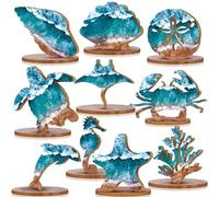 Threehoney 10 Pcs Ocean Wood Table Sign Under The Sea Wooden Tabletop Decor Conch Starfish Sea Animal Dolphin Seahorse Table Centerpiece Nautical Block Rustic Summer Decoration for Home Party Spplies