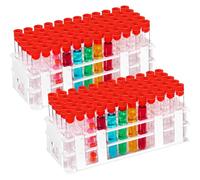 Threehoney 120 Pcs Plastic Test Tubes with Rack Set 16 x 100mm Test Tube with Caps and 60 Holes Tubes Rack for Scientific Experiments Candy Liquid Spice Seed Storage Party Decorations (Red)