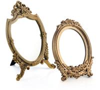 Threehoney 2 Pcs Small Gold Vintage Mirror Antique Vanity Makeup Desk Mirror Traditional Arch Tabletop Mirrors with Stand Baroque Decorative Wall Art for Living Room Bedroom Dresser Decor