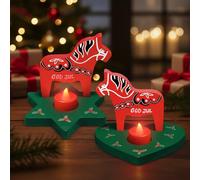 Threehoney 2 Pcs Swedish Decorations for Christmas Wooden Dala Horse Table Centerpiece with LED Candles Star and Heart Base Candle Holders for Xmas Tabletop Decor Party Gift