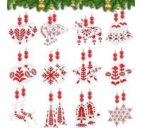 Threehoney 24 Pcs Double-Layer Scandinavian Folk Style Christmas Ornaments 3.7 Inch Wooden Nordic Christmas Tree Hanging Decorations Farmhouse Rustic Hanging Craft Ornaments Decor for Xmas Tree Home