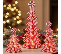 Threehoney 3 Pcs Christmas Ribbon Candy Trees Tabletop Decor Peppermint Candy Cane Tree Lighted Xmas Resin Clay Tree 9.5'' 7.1'' 4.7'' for Christmas Home Table Mantle Centerpieces(Red and White)