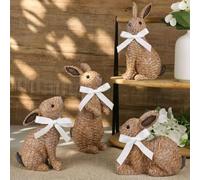 Threehoney 4 Pcs Rattan Bunny Figurines Easter Decorations Resin Rabbit Statues Effect Rabbit Sculptures Table Centerpiece for Spring Easter Party Gifts Home Farmhouse Decor