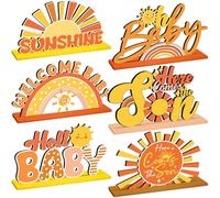 Threehoney 6 Pcs Here Comes the Son Baby Shower Decorations Retro Boho Party Centerpiece for Table Toppers Wooden Sunshine Baby Shower Decorations for Home Office Tier Tray Party Supplies(Orange)