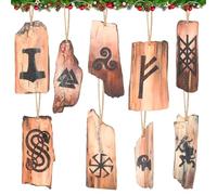 Threehoney 9 Pcs Viking Rune Yule Ornaments Pagan Wooden Christmas Tree Hanging Decorations Natural Wood Retro Ornaments for Xmas Party Decor