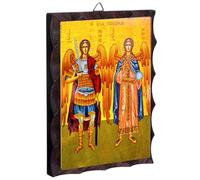 Threehoney Greek Christian Orthodox Icon Archangels Michael and Gabriel Image Hanging Painting Handmade Solid Wood Decorative Painting for Home and Church Decoration 6.3 x 4.7 in